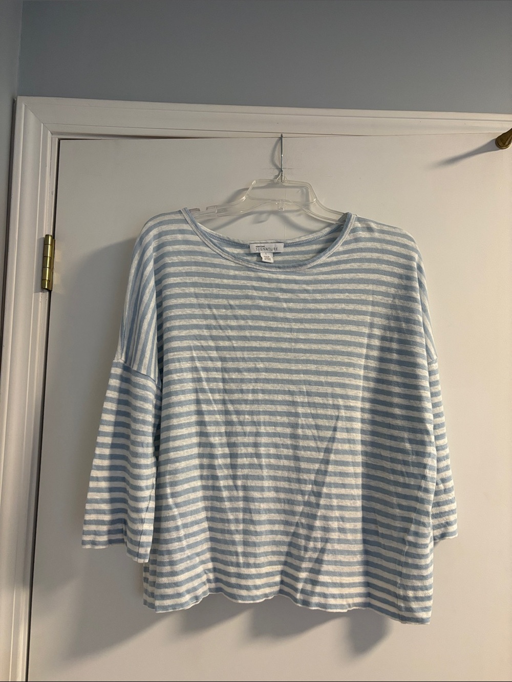 Nordstrom Light Blue and White Striped 3/4 Sleeve Women's Linen Top